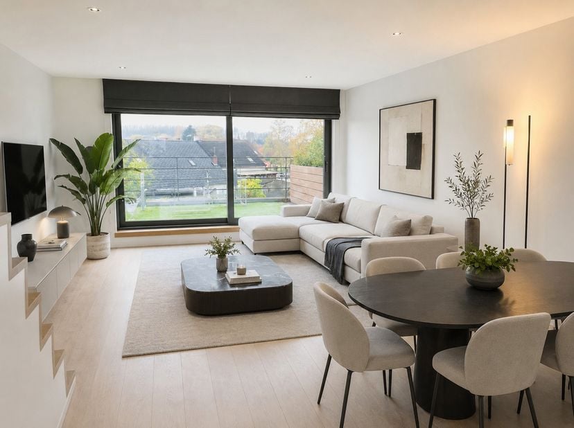 Moderne duplex met 2 kamers, terras &amp;amp; parking in centrum Perk! Indeling 1ste verdieping: inkomhal, ruime woonkamer met open uitgeruste keuken, ber
