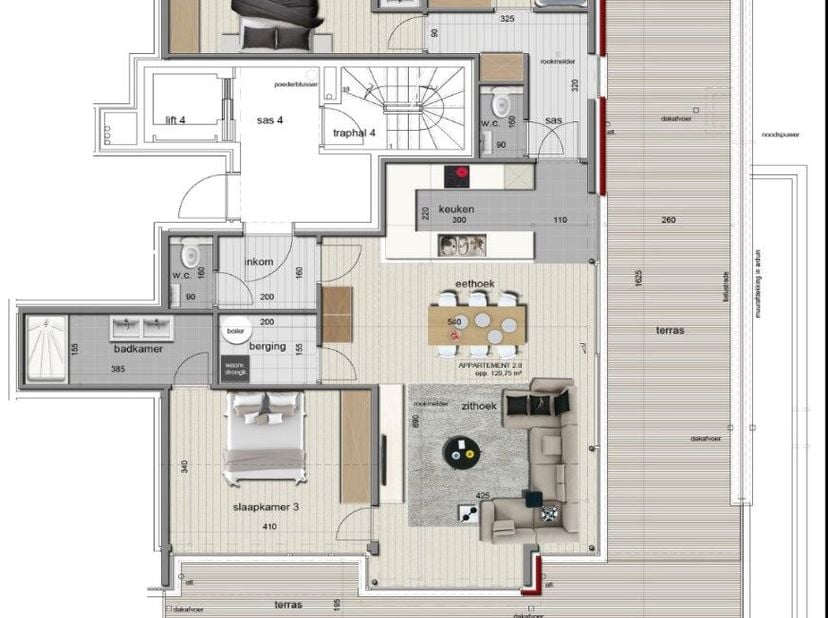 LUXE HOEKAPPARTEMENT  (120M²) MET 3 SLPKS, 2 BADKAMERS EN GROOT TERRAS (67M²)<br />
<br />
Dit prachtige hoekappartement bevindt zich in nieuwbouwcomp
