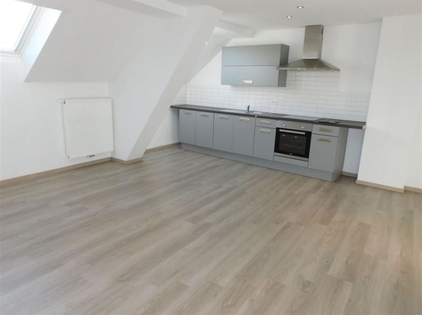 Très bel appartement de +/- 55m² sis au 2 ième étage d’une résidence de 4 logements au centre de Leuze-en-Hainaut, en face de la gare.<br />
<br />