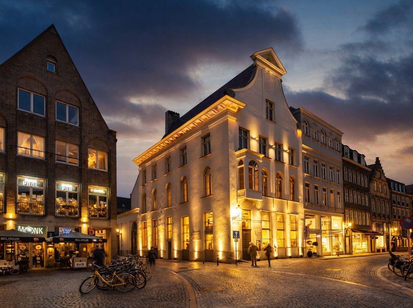 À un emplacement exceptionnel, à quelques pas de la Grand-Place de Bruges, se trouve cet imposant immeuble dangle au riche passé.<br />
Le rez-de-chau