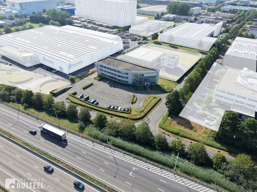 Op een uitstekende en strategische zichtlocatie in industriezone TTS te Temse, vlak langs de E17, bevindt zich dit ruime kantoorgebouw met een totale