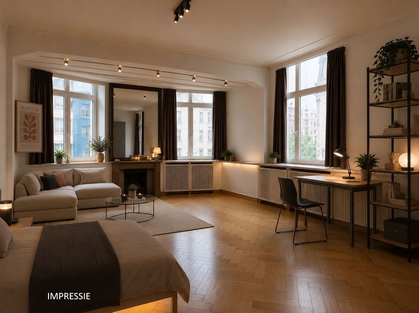 Deze zeer ruime studentenkamer is gelegen in een prachtig authentiek gebouw in Beaux-Arts stijl in Antwerpen centrum op uitstekende locatie.<br />
De