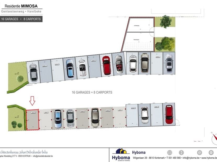 Gelegen langs de Gentsesteenweg nr.42 te Harelbeke.<br />
Toegang via inrit residentie MIMOSA.<br />
Carport nr. 8 (overdekte autostaanplaats voor 1 v