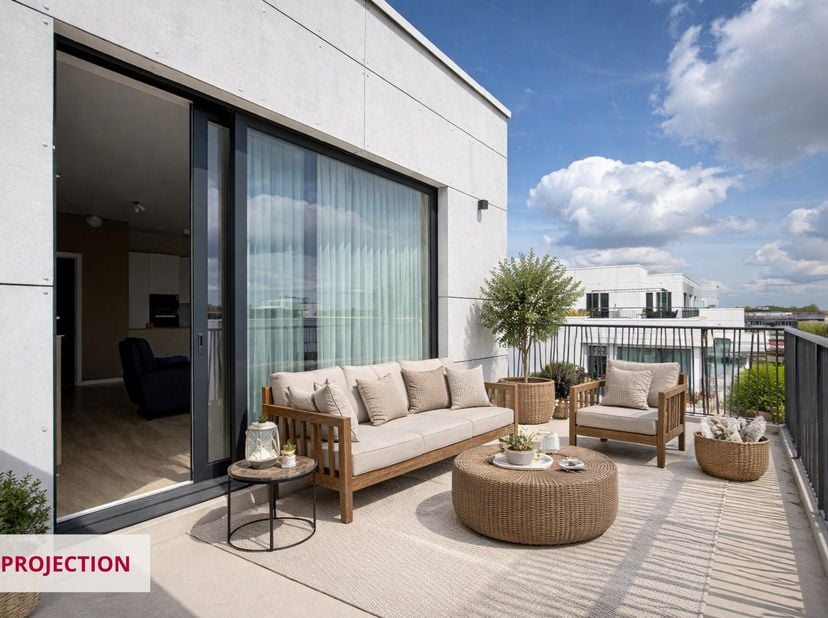 Gelegen op de Léon Grosjeanlaan in Evere, nabij openbaar vervoer, winkels en belangrijke invalswegen, biedt deze penthouse van 104 m² een aangename en