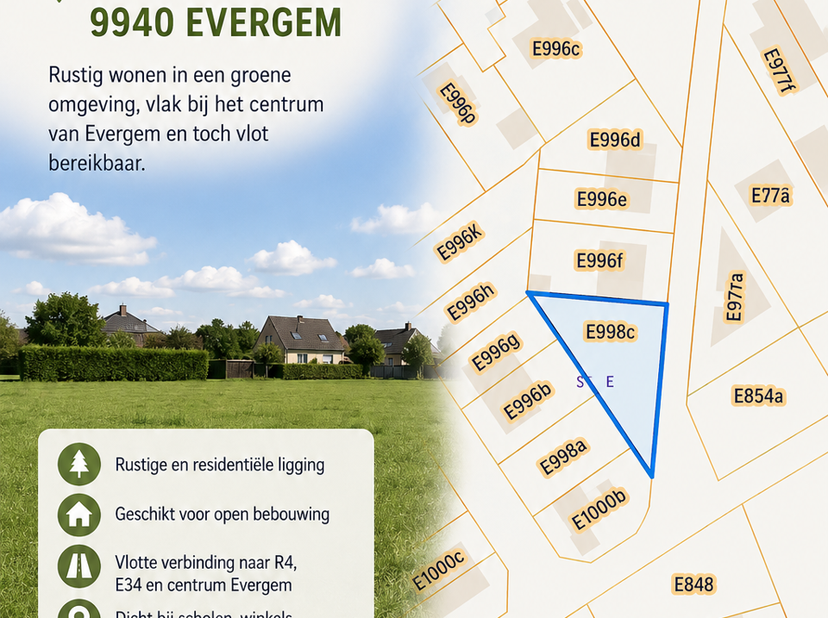 Ligging<br />
Rustig gelegen in de Molenhoek te Belzele (Evergem). Op wandelafstand van het Heermeerspark.<br />
Perceel E998c<br />
Oppervlakte 583 m
