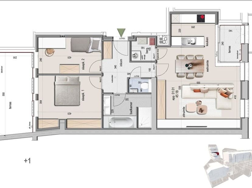 Appartement 0101 is gelegen op de eerste verdieping van Residentie Melrose Place en heeft een totale oppervlakte van 92 m². Met daarbij een noord-oost