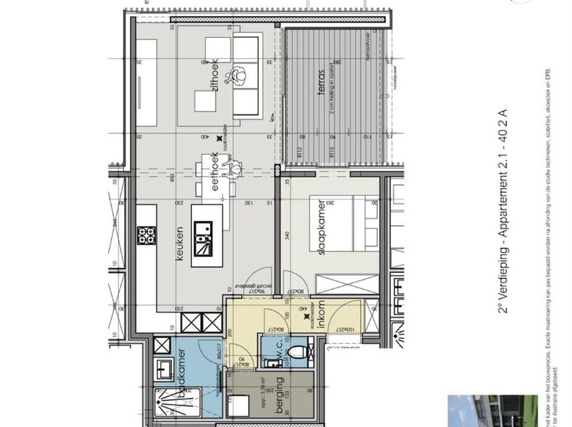 Appartement met 1 slaapkamer gelegen op de tweede verdieping: Inkom met apart toilet, berging en ingerichte badkamer. Leefruimte met open ingerichte k