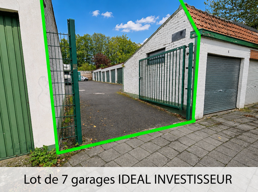 Lot de 7 garages à vendre, idéalement situés dans une rue calme à Mouscron. Ces garages constituent une opportunité d’investissement intéressante, ave
