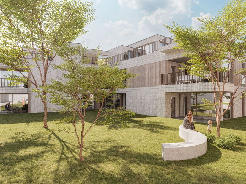 Ruim zonnig 2 slaapkamer appartement op het 1ste verdiep. Voorzien van een mooie leefruimte met aansluitend terras met zicht op de mooi aangelegde bin
