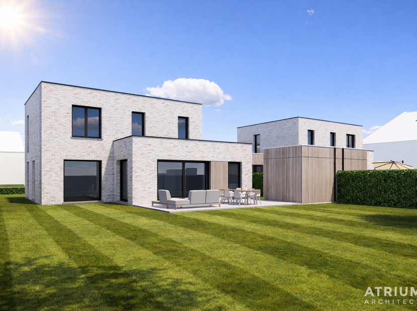 Nieuwe verkaveling in Neeroeteren aan de voormalige Melkerij bestaande uit 2 woningen op grote percelen, 3 bouwgronden met vergunde plannen en achterl