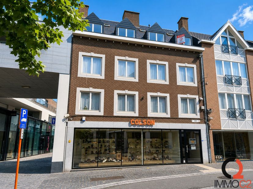 Ruim appartement (116 m²) met veel lichtinval gelegen in het centrum op de markt van Bilzen<br />
Indeling<br />
+ Inkomhal<br />
+ Grote woonkamer me