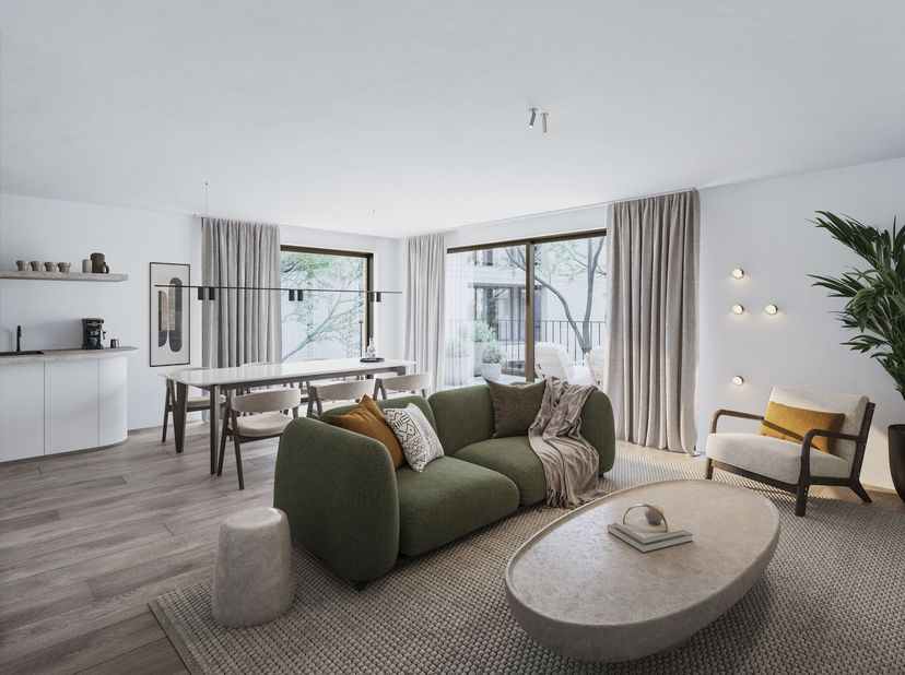 Ruim 2 slaapkamer appartement op het gelijkvloers. Voorzien van een mooie leefruimte met zeer zonnig zuid-gericht terras en voorzien van terrasberging
