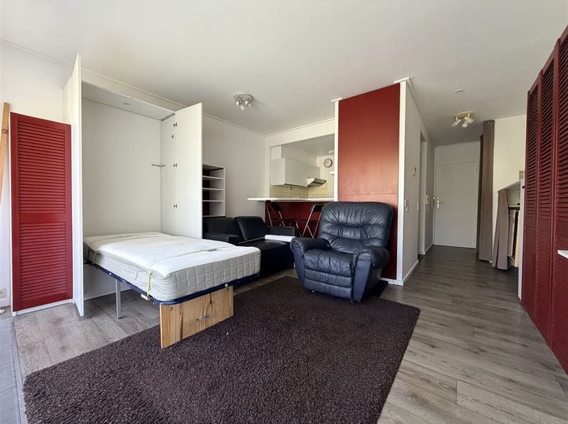 Studio meublé de +/- 33 m² comprenant une pièce de vie, une salle de bains avec WC.<br />
Un balcon et une place de parking extérieure privative.<br /