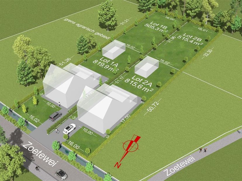 Goed gelegen bouwgrond, LOT 2A en 2B op bijgevoegd plan, zonder bouwverplichting, voor een open bebouwing met Zuid-geörienteerde tuin met volgende voo