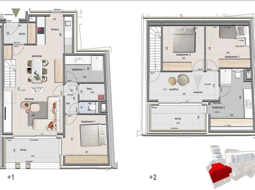 Duplex loft 0101 is gelegen op de eerste en tweede verdieping van Residentie Melrose Place en heeft een totaal oppervlakte van 151,11 m² met daarbij e