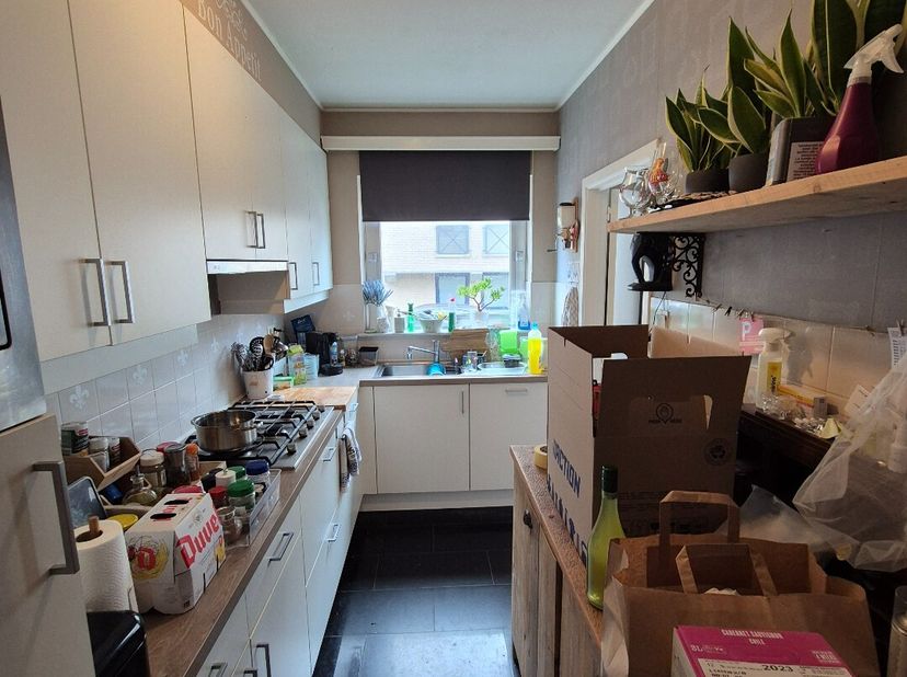 Dit gelijkvloers appartement op wandelafstand van het stadscentrum bestaat uit een ruime living, keuken met kasten, enkele afwasbak en dampkap, badkam