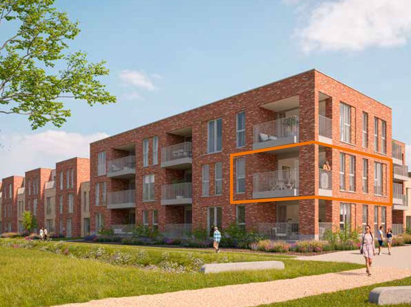 Dit 2-slaapkamerappartement op de eerste verdieping is 103 m² groot en omvat een inkom, toilet, berging, ingerichte badkamer, 2 slaapkamers, open leef