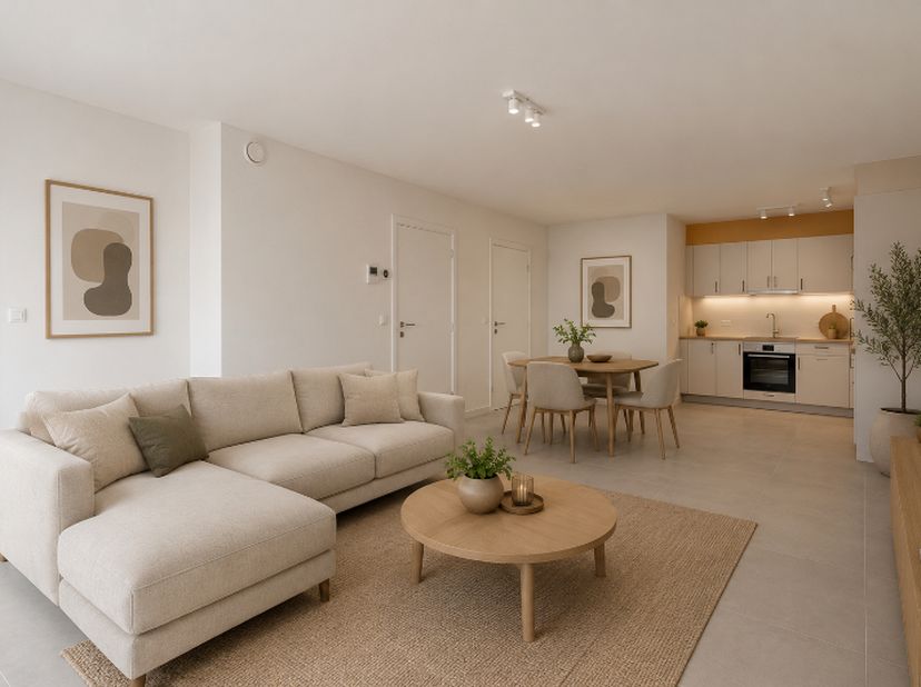 Op een uiterst vlotte locatie, vlak bij het station van Evergem, bevindt zich dit mooie en energiezuinige nieuwbouwappartement op de gelijkvloerse ver