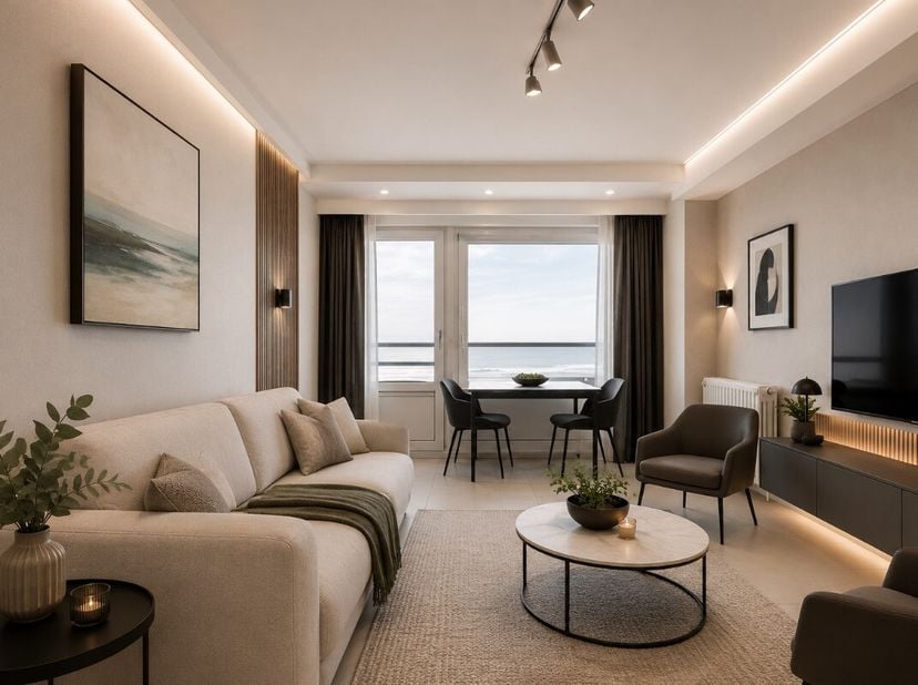 Blankenberge: Doorlopend 1-slaapkamerappartement met zeezicht en terras te koop Op de 6e verdieping van residentie "Les Algues" op de Zeedijk van Blan