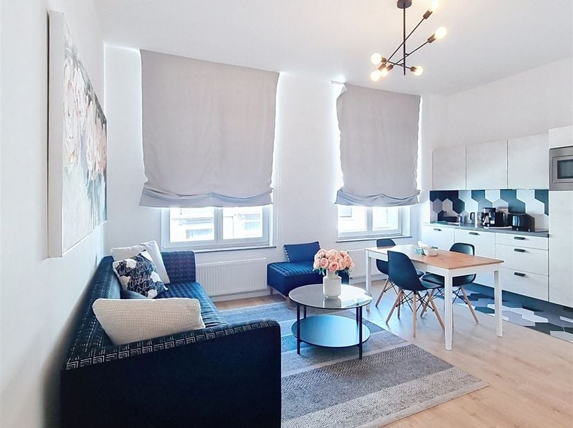 Wijk Saint-Gery – In een mooi appartementencomplex, prachtig gemeubileerd appartement van ca. 45 m², bestaande uit een hal, een mooie en lichte woonka