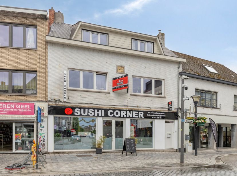 Deze handelswoning is aan de markt van Geel gelegen. Gezien zijn unieke ligging zijn alle faciliteiten zoals horeca, winkels, scholen en OV binnen han
