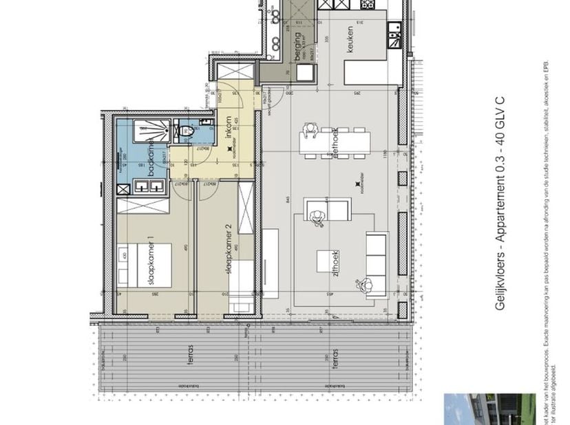 Het appartement is gelegen op gelijkvloers en werd op plan ingedeeld als volgt:<br />
Open ingerichte keuken met aanpalende berging, leefruimte met aa