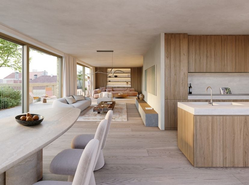 Dit tweeslaapkamerappartement van 88,7 m² is gelegen op het tweede verdiep en de indeling is als volgt: een inkomhal met plaats voor een vestiairekast