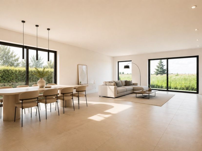 In een oase van groen vindt u deze stijlvolle uiterst energiezuinige halfopen woning met 3 slpk, 2 badkamers, inpandige garage &amp; zonnige tuin te Viane