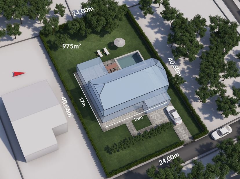 Perceel bouwgrond voor open bebouwing van 975m² in een rustige buurt. Straatbreedte van 24 meter en een diepte van 40,6 meter. <br />
Ligging: gelegen