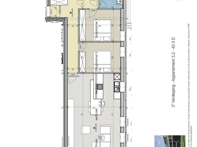 Het appartement is gelegen op de derde verdieping en werd op plan ingedeeld als volgt:<br />
Inkomhal met apart toilet en ruimte voor vestiaire, 2 sla