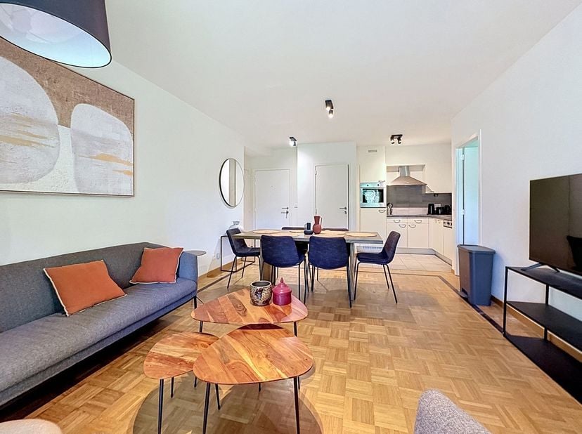 Mooi gemeubileerd appartement van ca. 55 m² met:<br />
- 1 hal met garderobe en toilet<br />
- 1 slaapkamer met parketvloer<br />
- 1 badkamer<br />
-