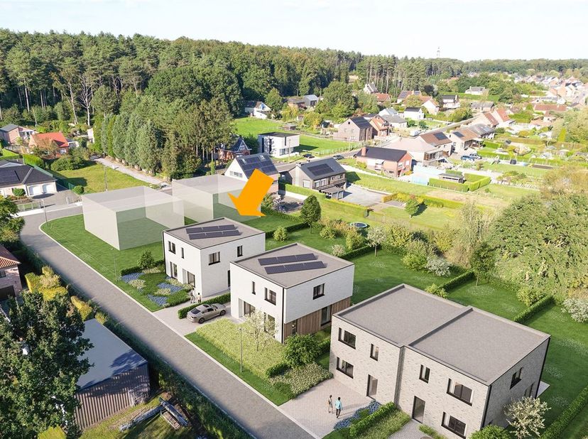 In een rustige, verkeersluwe straat aan de rand van de Averbodse bossen verrijst deze knappe nieuwbouwwoning op een aangenaam perceel van 5a67ca. De l