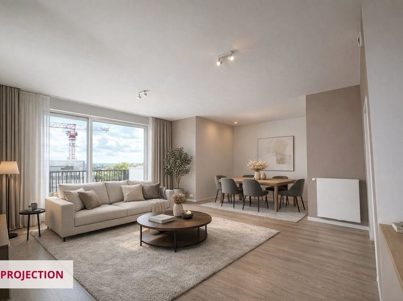 Gelegen op de Léon Grosjeanlaan in Evere, nabij openbaar vervoer, winkels en belangrijke invalswegen, biedt deze penthouse van 104 m² een aangename en