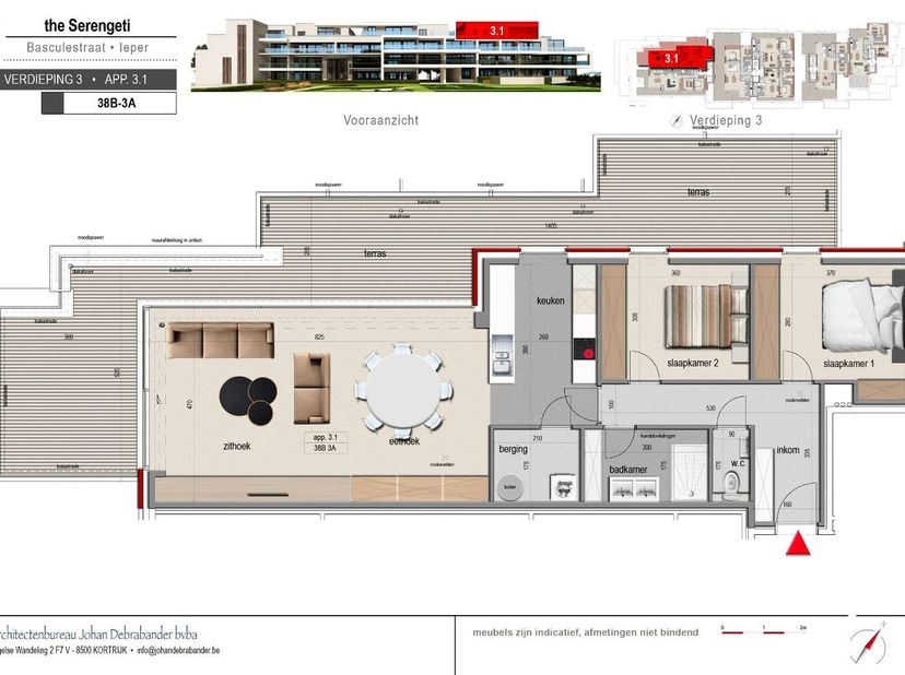 Dit appartement op de derde verdieping biedt 105,20m² bewoonbare oppervlakte en een terras van 56,41m². Daarnaast kan er nog een garage of standplaats