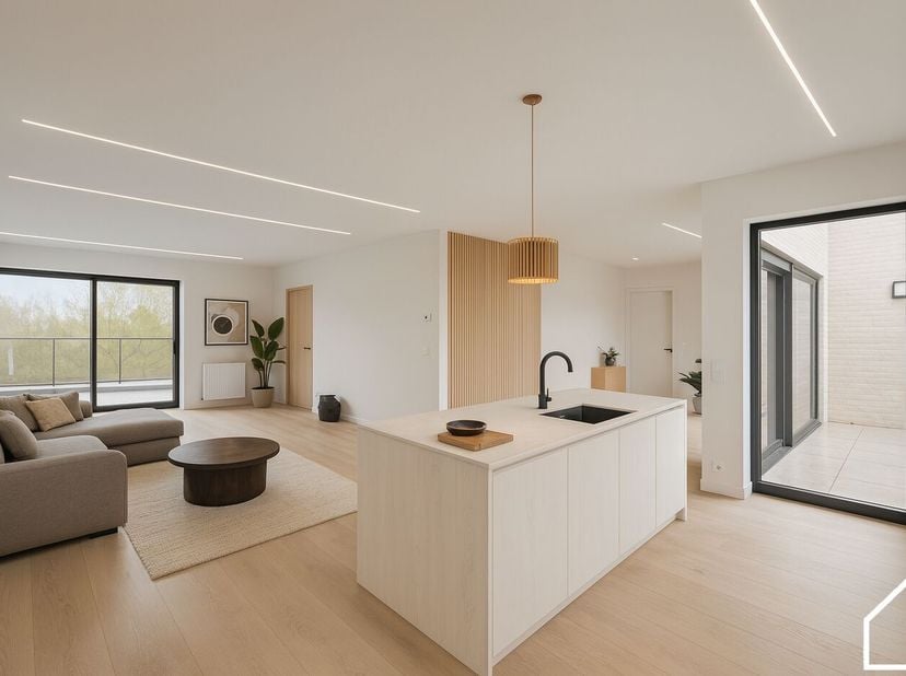 Penthouse op de 3de verdieping (126m²) van een blok met 7 appartementen. Dit appartementen bestaat uit een ruime living met veel lichtinval, een uitge
