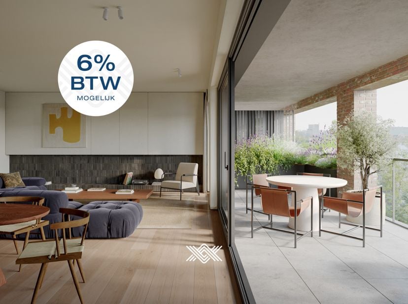 Dit appartement van 120 m² beschikt over een lichtrijke eet- en leefruimte met extra hoge plafonds van 281cm en een rechtstreekse toegang tot het zuid