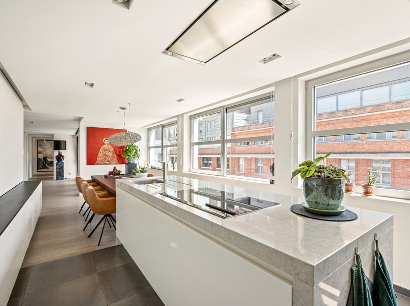 Prachtig afgewerkt loftappartement van 183 m² in het karaktervolle gebouw "Antoine C". Indrukwekkende raampartijen, hoge plafonds, zonnig terras (11m²