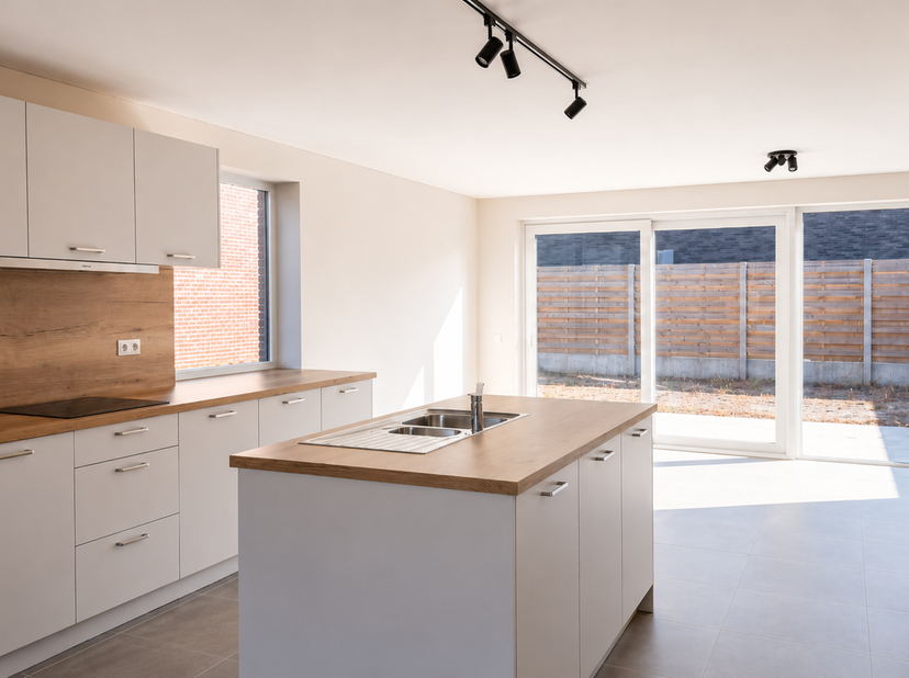 Deze halfopen nieuwbouwwoning bevindt zich op een rustige en vlot bereikbare locatie in Wijnendale, op korte fietsafstand van het centrum van Torhout.