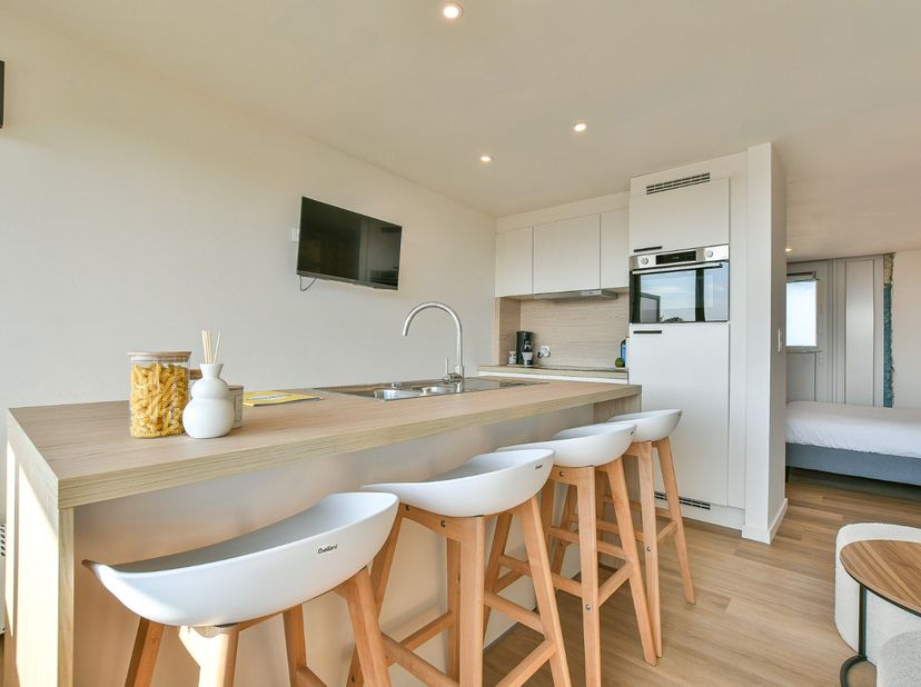 Ontdek dit verzorgde en volledig bemeubelde éénslaapkamerappartement met terras, rustig gelegen in de Torenhofstraat in Vosseslag (De Haan). Met een b