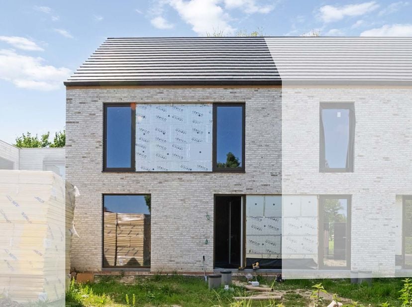 In de Vlasschaard in Heule (Kortrijk) realiseert Dumobil in het nieuwbouwproject Lijsternest deze moderne halfopen nieuwbouw (lot 15) met zadeldak.Dez
