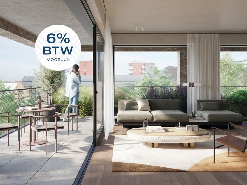 Dit hoekappartement van 108m² beschikt over een lichtrijke eet- en leefruimte met hoge plafonds en rechtstreekse toegang tot het terras van 30m² met u