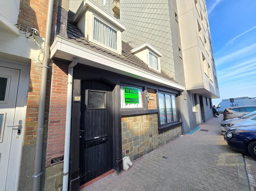 Te renoveren woning in een zijstraat van de Zeedijk te De Panne. De woning omvat: inkomhal, woonkamer, eetruimte, keuken, binnenkoer met toilet. Op de