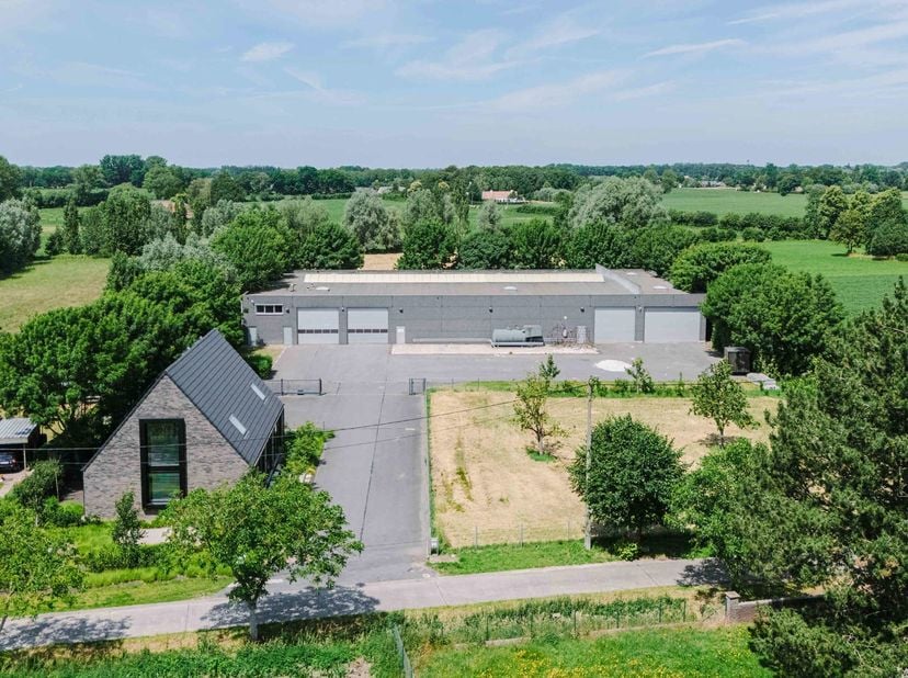Ruime bedrijfssite met nieuwbouw kantoorgebouw, achterliggende loods van circa 1.680 m² en aansluitend weiland.<br />
Vooraan aan de straat bevindt zi