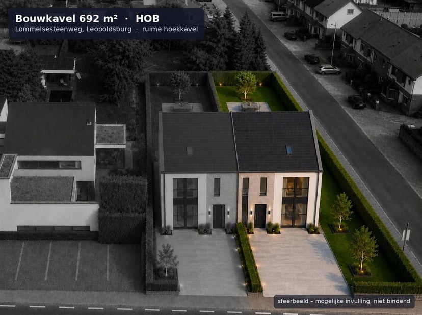 692 m² — Lommelsesteenweg 158, Leopoldsburg<br />
<br />
Ruime bouwgrond voor halfopen bebouwing, centraal gelegen in Leopoldsburg met vlotte verbindi