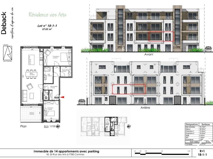 Appartement op de 1ste verdieping (90m²) bestaande uit een inkomhal met vestiaire en toilet, douchekamer met wastafel, wasruimte, 2 slaapkamers, ruime