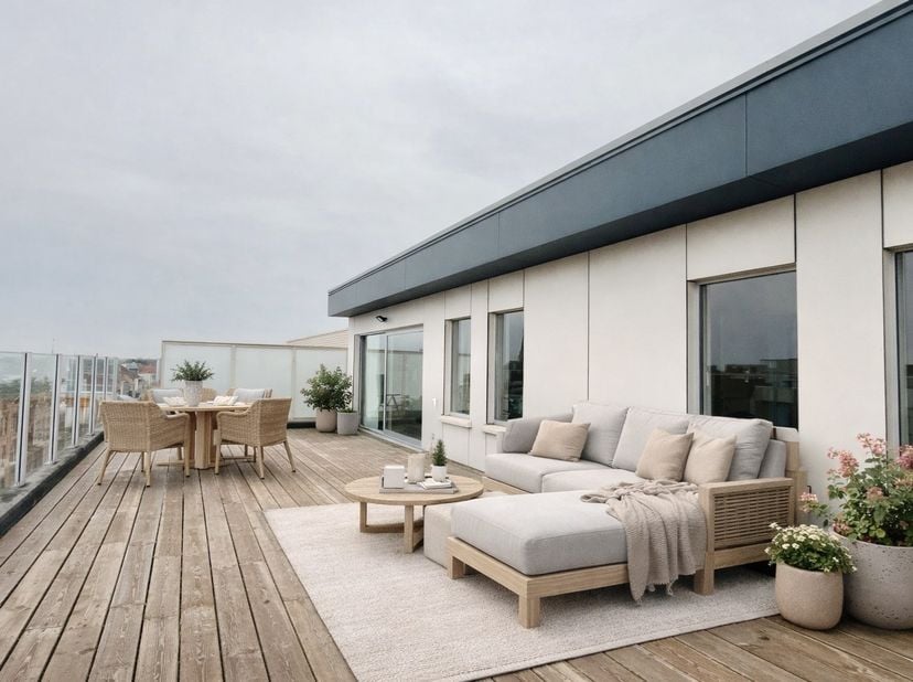 Ontdek deze prachtige penthouse van 96 m² bewoonbare oppervlakte met 2 ruime terrassen (samen 95 m²), gelegen op de zesde verdieping. Geniet van een s
