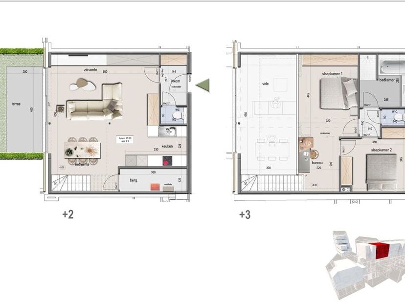 Duplex loft 0202 is gelegen op de tweede en derde verdieping van Residentie Melrose Place en heeft een totale oppervlakte van 114,28 m² met daarbij ee