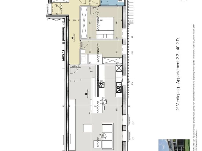 Het appartement is gelegen op de tweede verdieping en werd op plan ingedeeld als volgt:<br />
Open ingerichte keuken, leefruimte met aansluitend overh