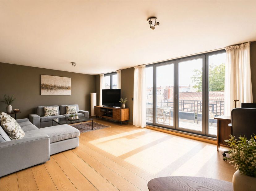 Victoire Junot biedt u, op een steenworp van het Stéphanieplein, in een rustige straat, dit prachtige omgekeerde duplex-penthouse aan met een oppervla