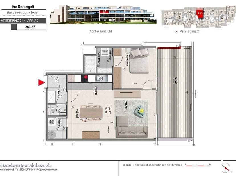 Dit appartement op de tweede verdieping biedt 62,79m² bewoonbare oppervlakte en een terras van 19,72m². Daarnaast kan er nog een garage of standplaats
